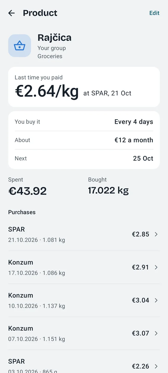 Kvitko: a product page with prices at stores